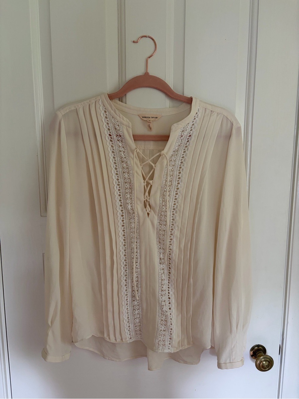 Rebecca Taylor Ivory Silk Lace-Up Pleated Blouse